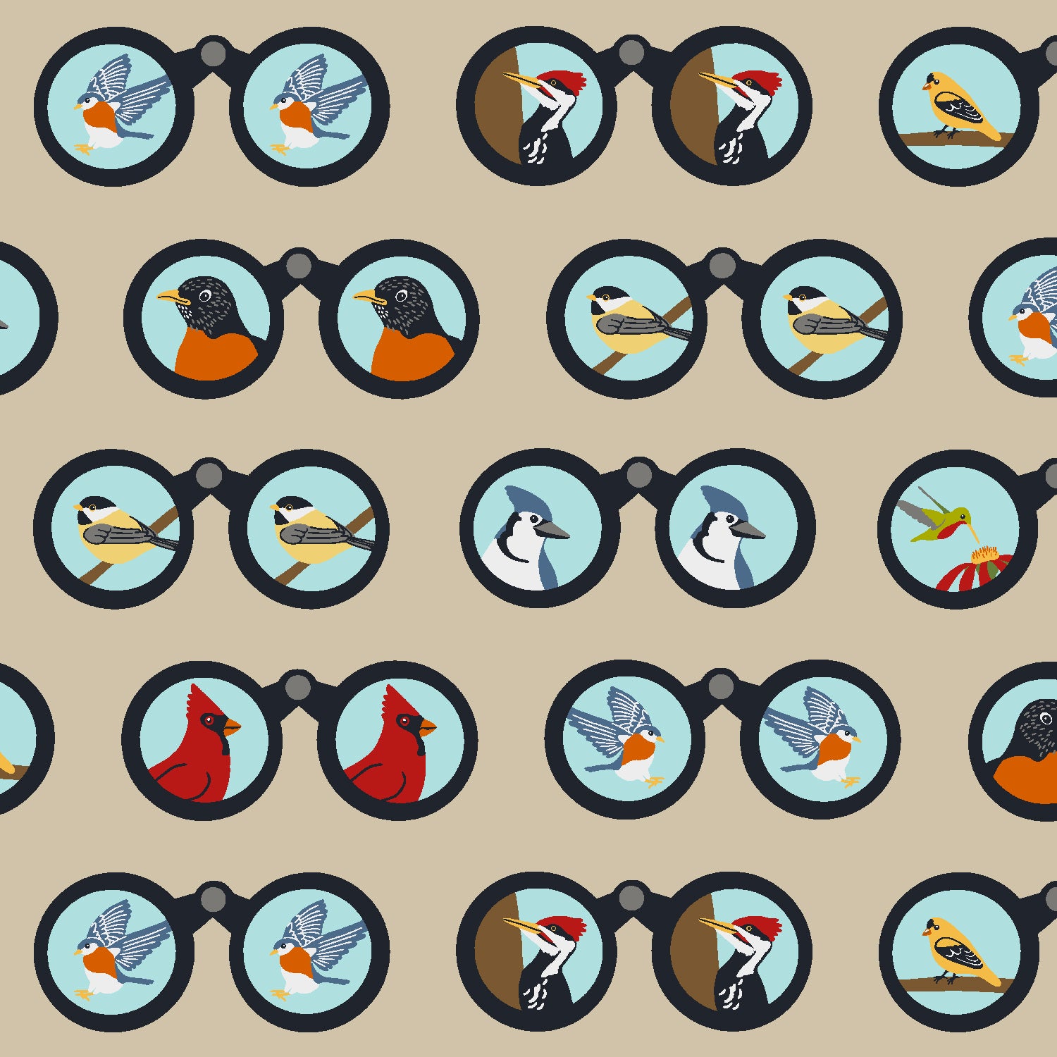 Backyard Birdwatching Quilt Fabric - Birding Binoculars in Khaki Tan - AH100-KH4