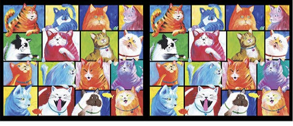 P272 - Cat Chat Quilt Fabric - Cat Patches Panel in Multi - 1649-29527-X - SOLD AS A 17" PANEL