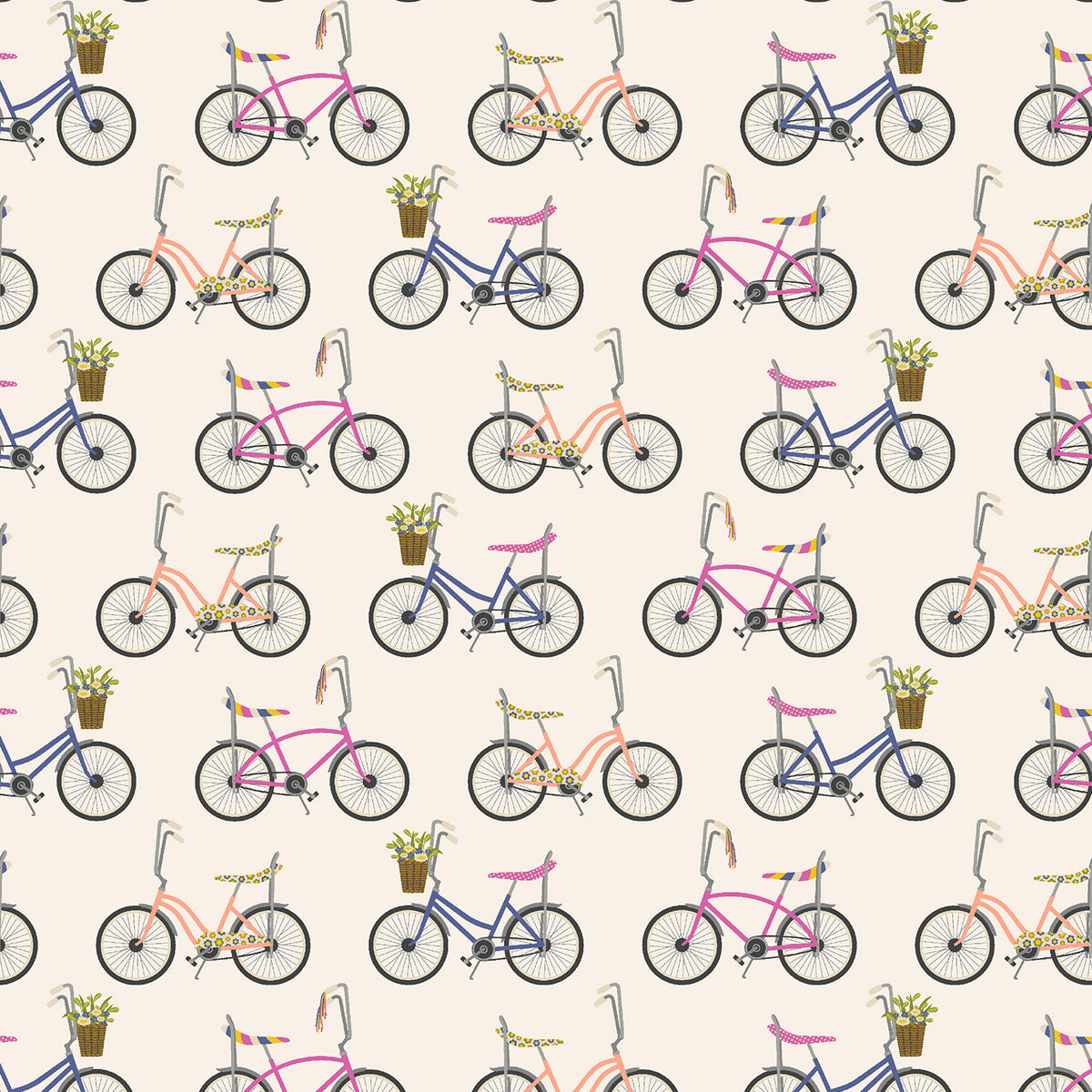 East Coast Quilt Fabric - Kickstand Bicycles in Play Date Cream/Multi - MK101-PD1