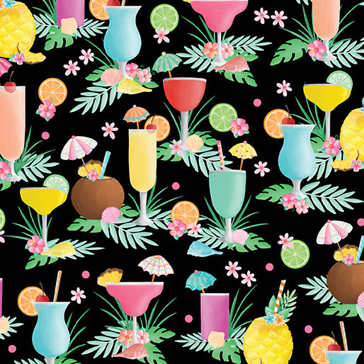 Flamingal Pals Quilt Fabric - Tropical Drinks in Black - 14299-12