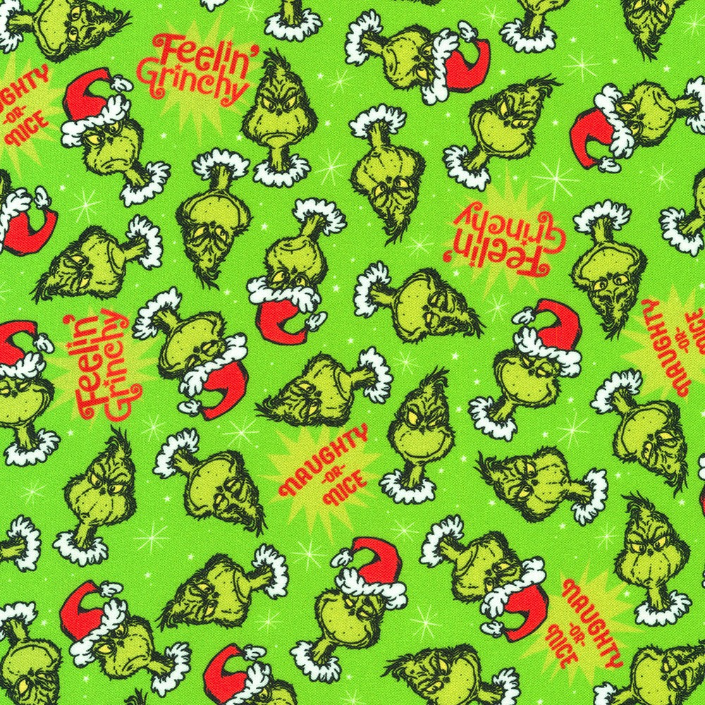 How the Grinch Stole Christmas Quilt Fabric - Grinch Faces in Holly Green - ADED-22567-240 HOLLY