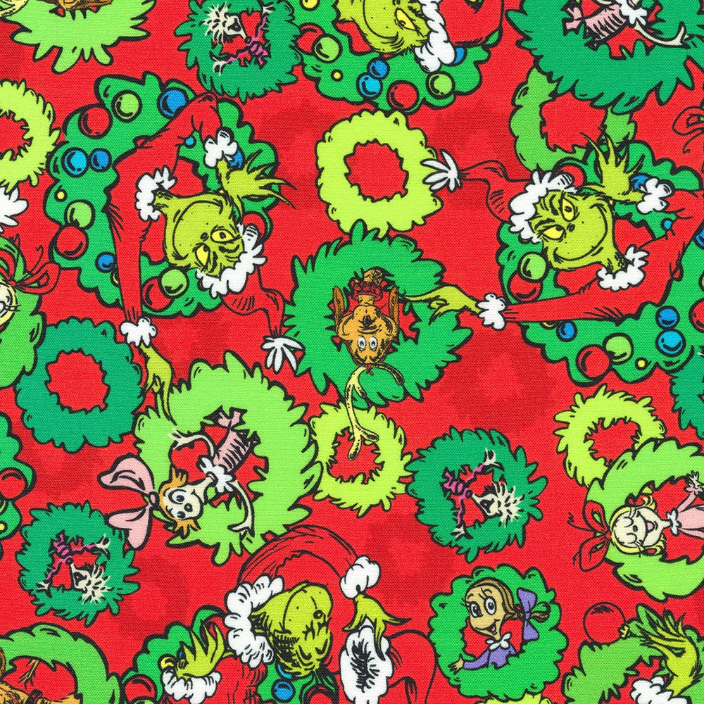 How the Grinch Stole Christmas Quilt Fabric - Grinch Wreaths in Holiday Red - ADED-22566-223 HOLIDAY