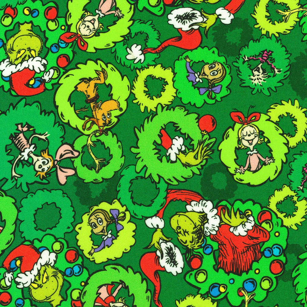How the Grinch Stole Christmas Quilt Fabric - Grinch Wreaths in Pine Green - ADED-22566-274 PINE
