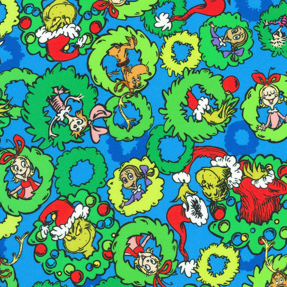 How the Grinch Stole Christmas Quilt Fabric - Grinch Wreaths in Winter Blue - ADED-22566-277 WINTER