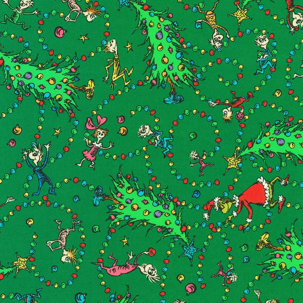 How the Grinch Stole Christmas Quilt Fabric - Whos and Trees in Pine Green - ADED-22569-274 PINE