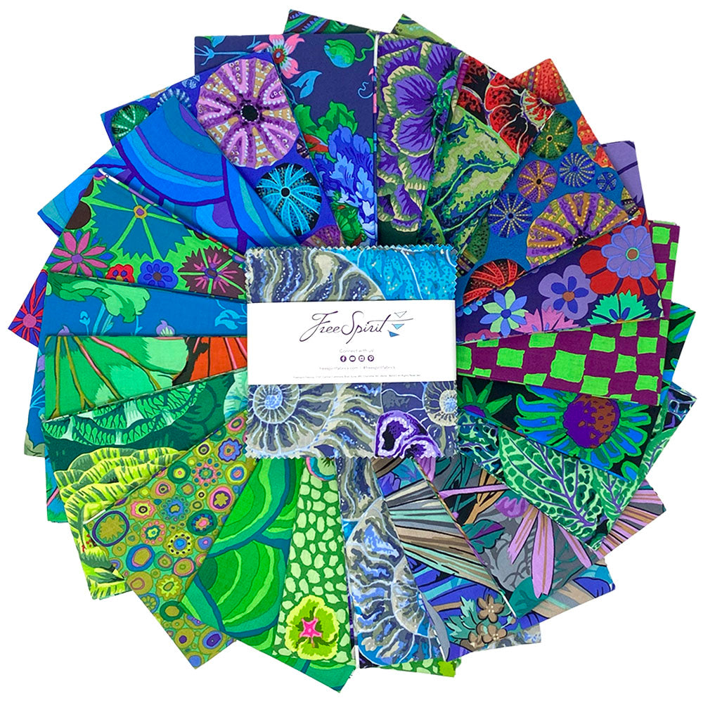 Kaffe Fassett Collective August 2024 Quilt Fabric - 5" Charm Pack in Cool (Blues/Greens) - FB6CPGP.AUG24COOL - set of 42 5" Squares