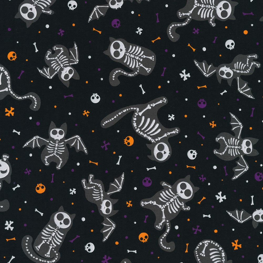 Lights Out Quilt Fabric - Cat and Bat Skeletons in Nightfall Black - SRK-22464-282 SPOOKY