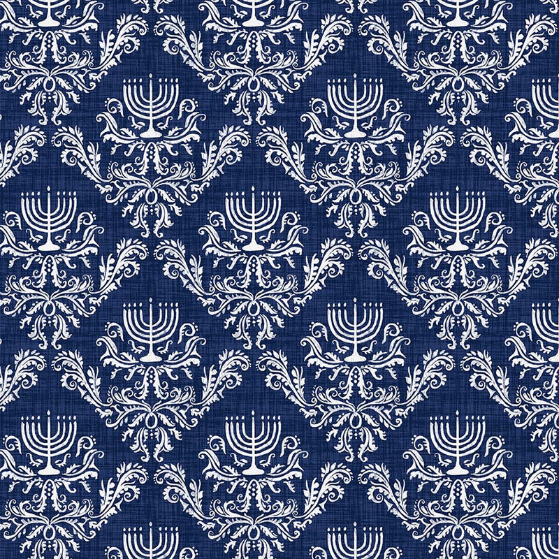 Love and Light Quilt Fabric - Menorah Damask in Dark Blue - 7202-77