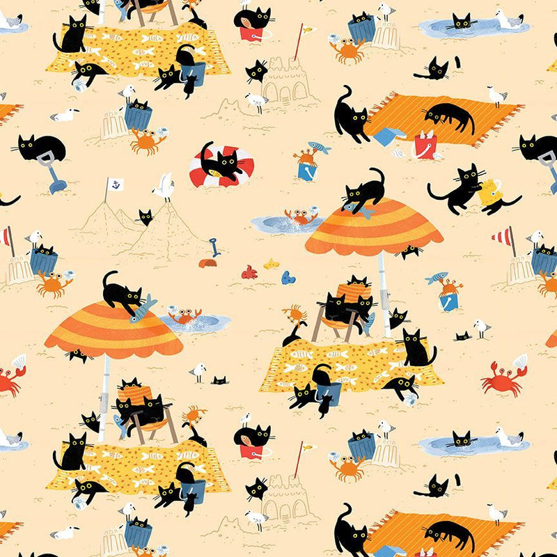 Sandy Paws Quilt Fabric - Black Cats in Sand Tan/Multi - STELLA-DLW2803 Multi