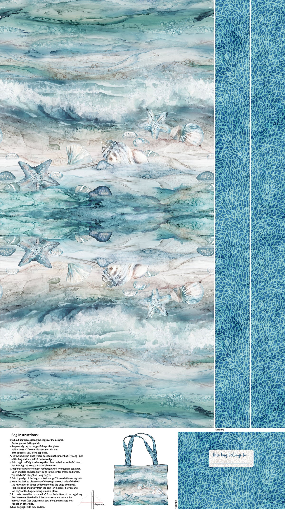 Sea Breeze Quilt Fabric - COTTON CANVAS Tote Bag Panel in Pale Blue - C27104-42 - SOLD AS A 24" PANEL