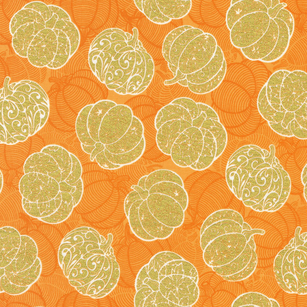 Sweet Pumpkin Spice Quilt Fabric - Gold Pumpkins on Orange - SRKM-22324-8 ORANGE