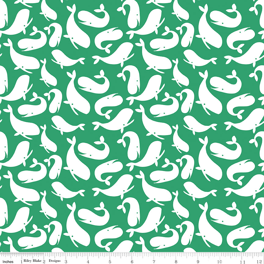 Ahoy Mermaids Quilt Fabric - Whales in Green - C10341-GREEN