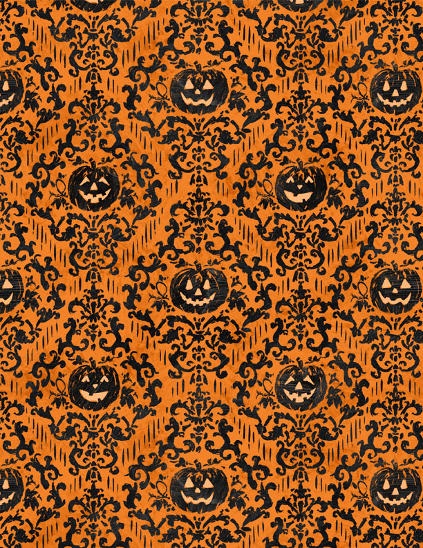 Midnight Hauntings Quilt Fabric - Pumpkins Damask in Orange - 3008 96485 898