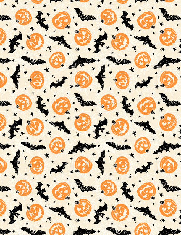 Midnight Hauntings Quilt Fabric - Bats and Pumpkins in Cream - 3008 96487 189