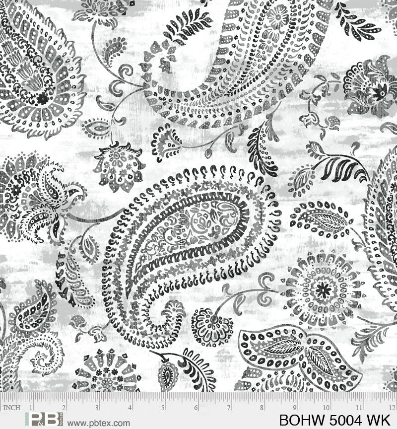 108" Bohemia Quilt Backing Fabric - White/Light Gray with Black - BOHW 5004 WK