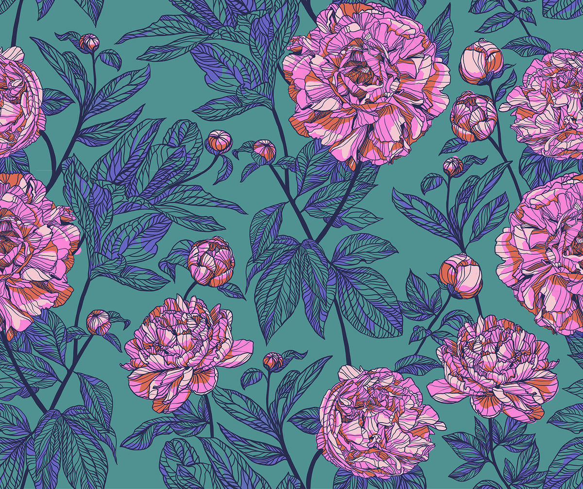108" Indelible Quilt Fabric by Anna Maria Parry - Peony in Jade Green/Pink - BAMT1003-78