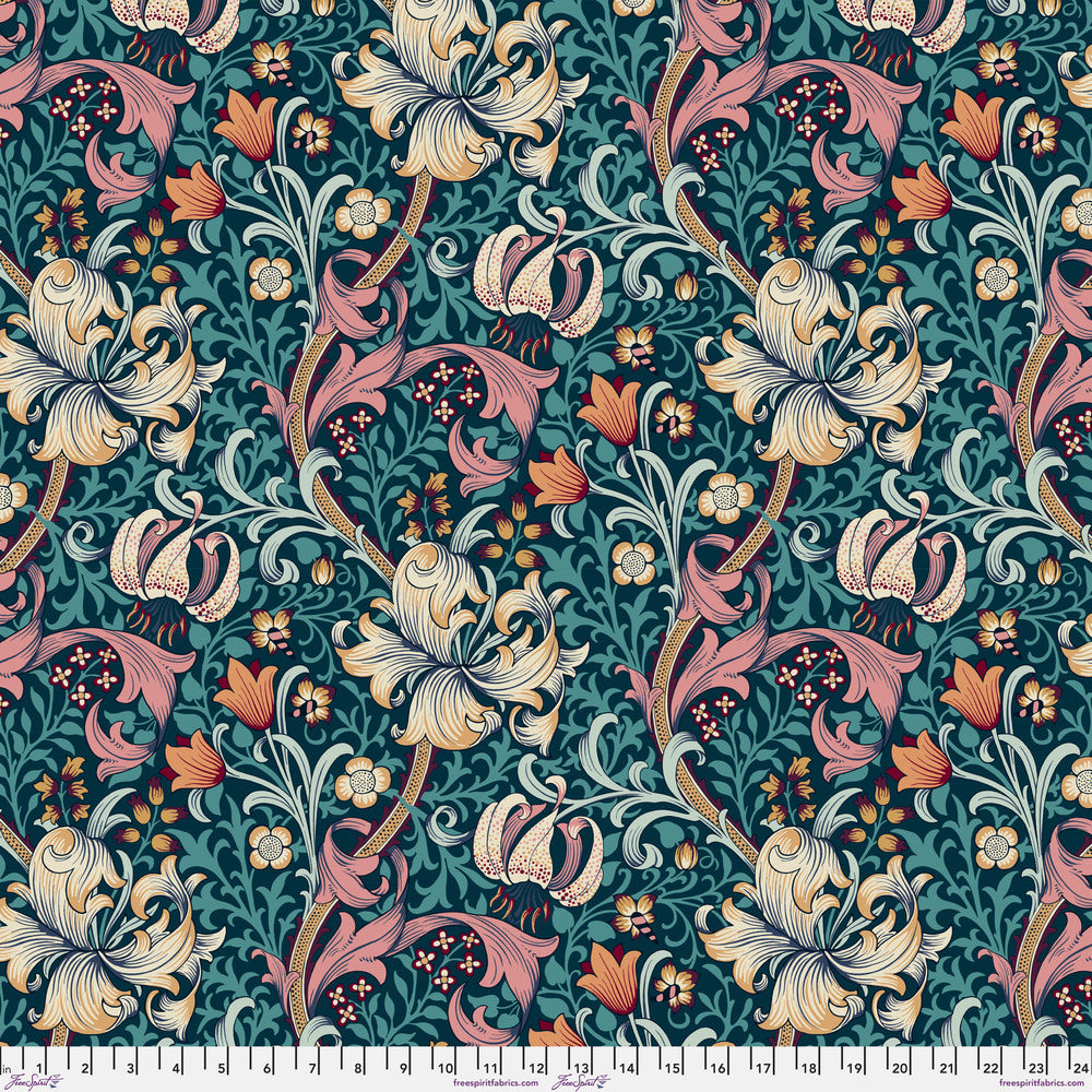 108" Morris & Co Quilt Backing Fabric - Golden Lily in Teal - QBWM007.TEAL