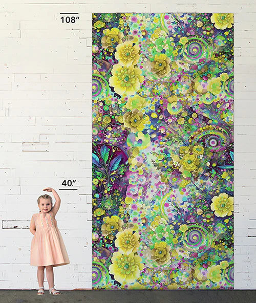 108" Whimsical Flower Garden Quilt Backing Fabric - Floral Collage in Lime Green - WW5535-71