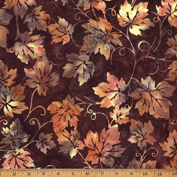 2026-2027 Hoffman Challenge Coffee Shoppe Batik Quilt Fabric - Grape Leaves Swirl in Brownie - X2664-386-Brownie