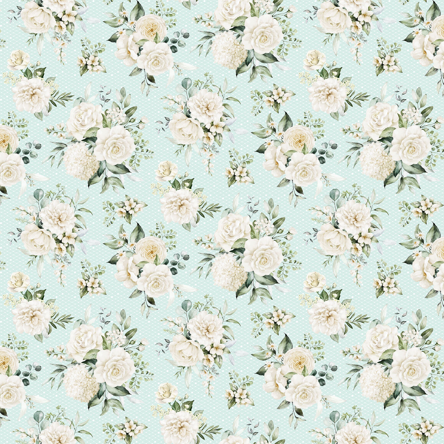 White Wedding Quilt Fabric - Floral in Seafoam Aqua - 28382-62