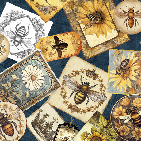 Queen Bee Quilt Fabric - Bee Collage in Midnight - 2600-30483-W