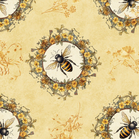 Queen Bee Quilt Fabric - Bee Circle Vignette in Chamois - 2600-30484-S