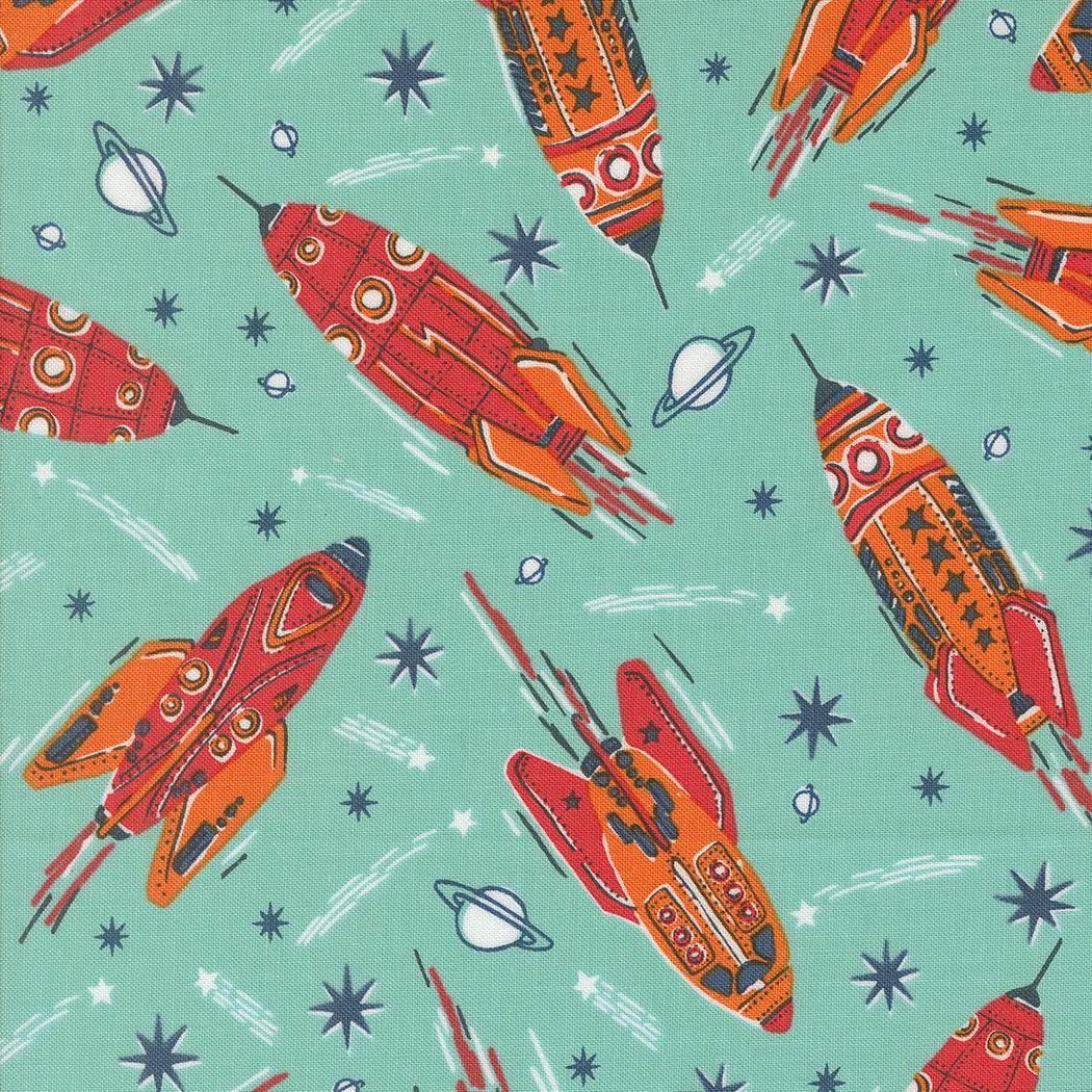 3 2 1 Blast Off Quilt Fabric - Vintage Rockets in Blue Nebula - 20950 17