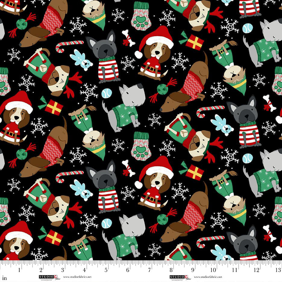 Merry Woofmas Quilt Fabric - Tossed Woofers on Black - 8353-99