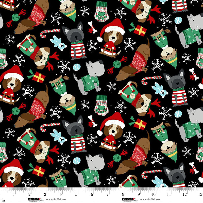 Merry Woofmas Quilt Fabric - Tossed Woofers on Black - 8353-99