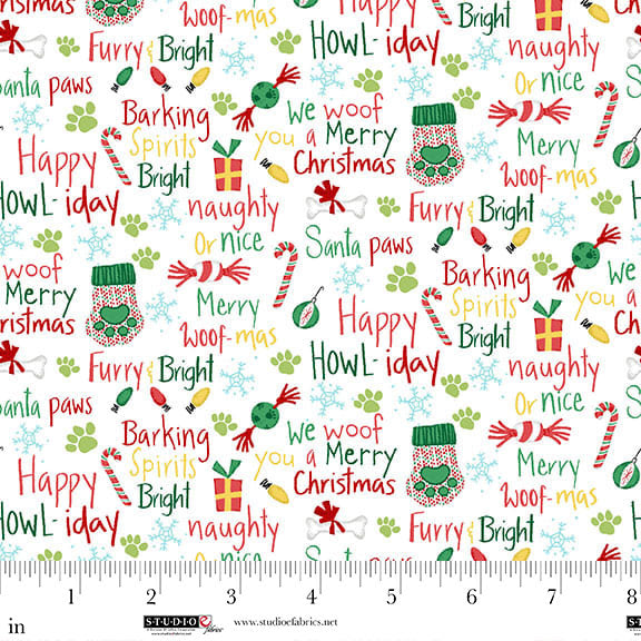 Merry Woofmas Quilt Fabric - Woofmas Greetings on White - 8356-08