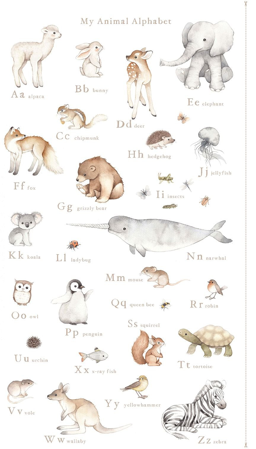 ABCs of Love Quilt Fabric - My Animal Alphabet Panel in White/Multi - PSTELLA-DNS3661 WHITE - SOLD AS A 24" PANEL