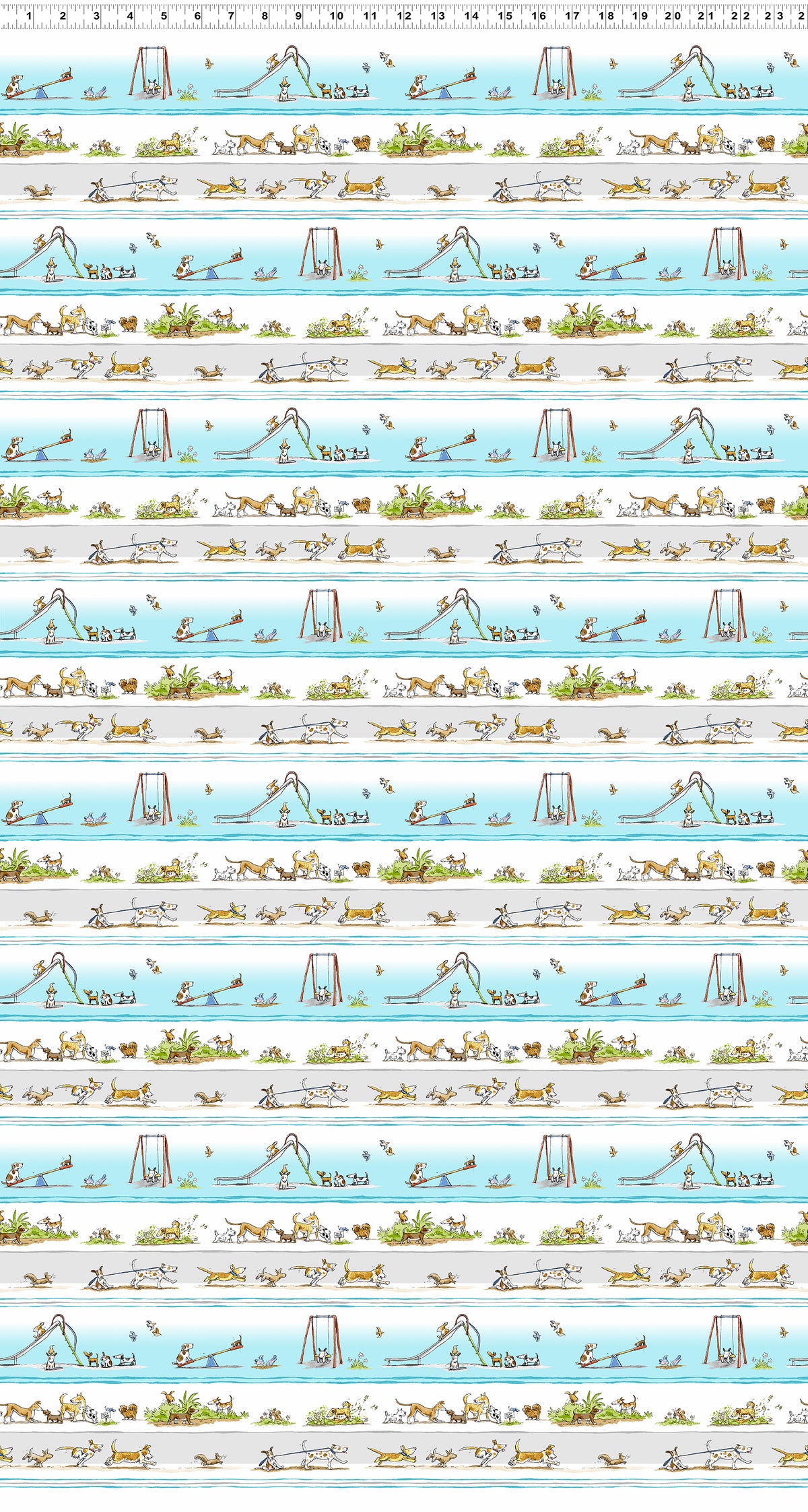 A Day at the Park Quilt Fabric - Dogs Pictorial Stripe in Light Pool Blue/Multi - Y3876-123