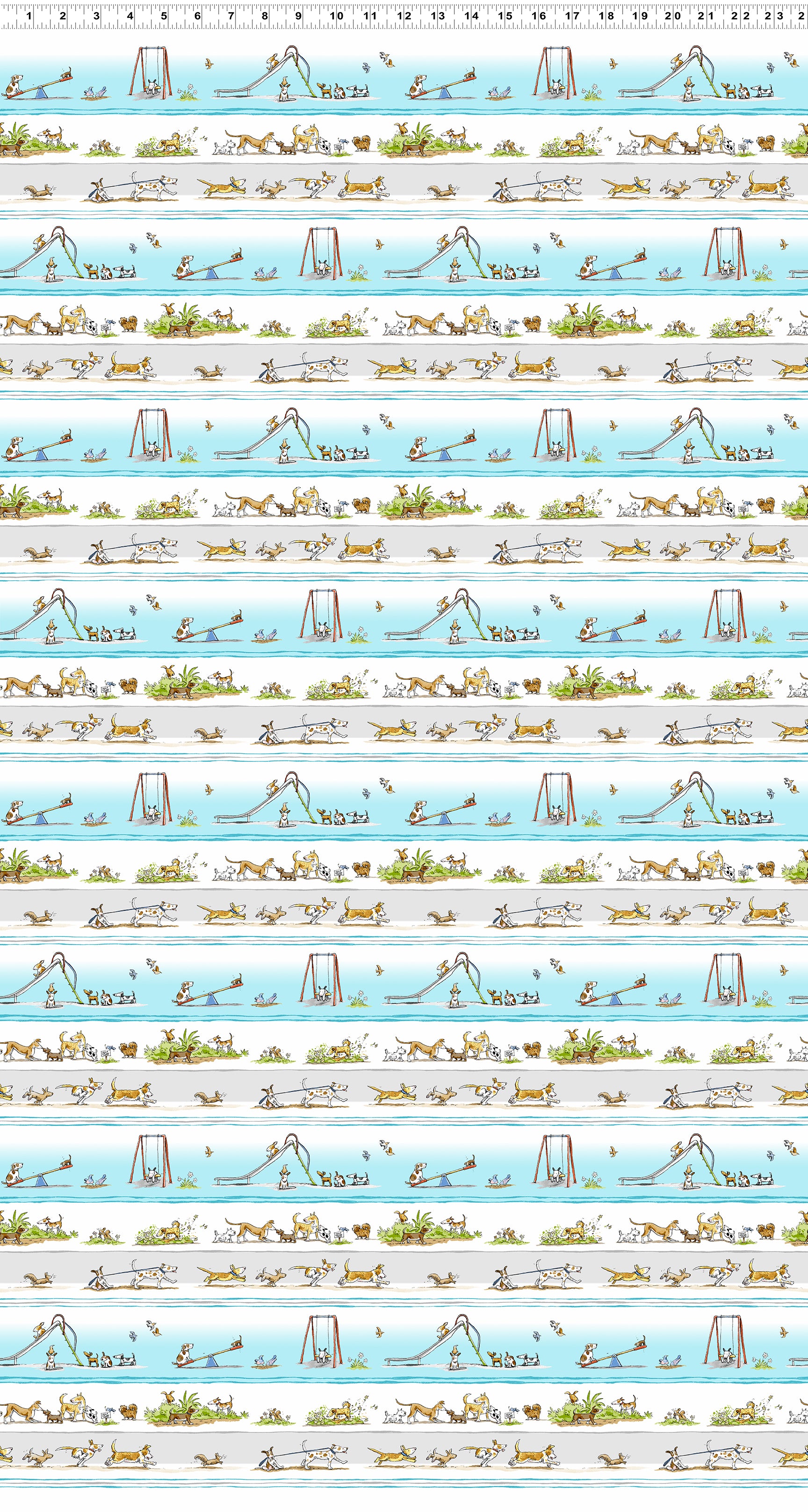 A Day at the Park Quilt Fabric - Dogs Pictorial Stripe in Light Pool Blue/Multi - Y3876-123