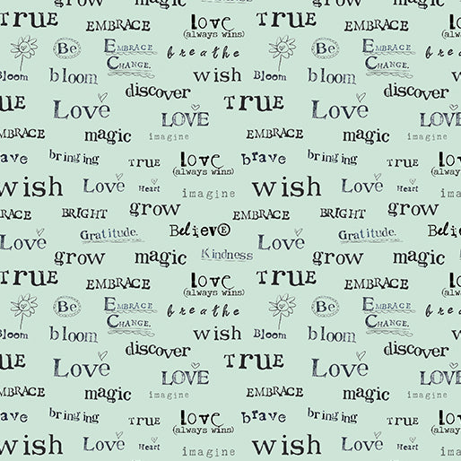 A Heart Led Life Quilt Fabric - Words of Heart in Light Turquoise - 16147-04