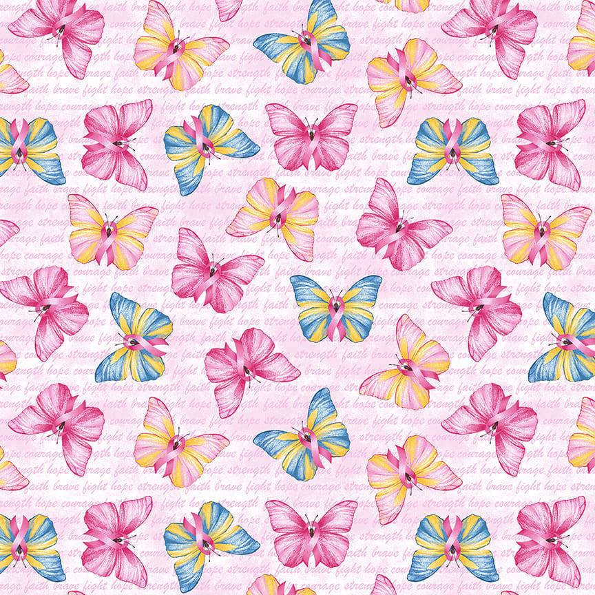 A Pink Celebration Quilt Fabric - Butterflies on Script in Pink - 7308-22