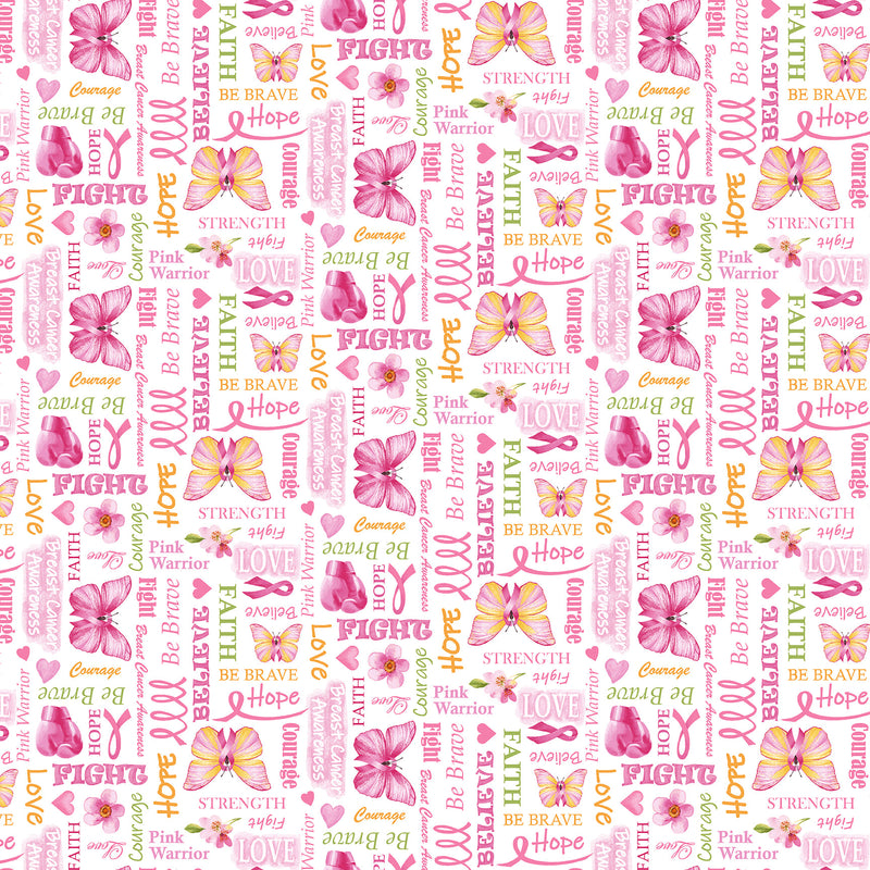 A Pink Celebration Quilt Fabric - Word Print in White/Multi - 7307-02