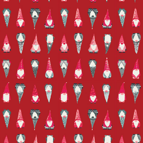 Adventale Quilt Fabric -  Playful Gnomes in Berry Red - ADV25912