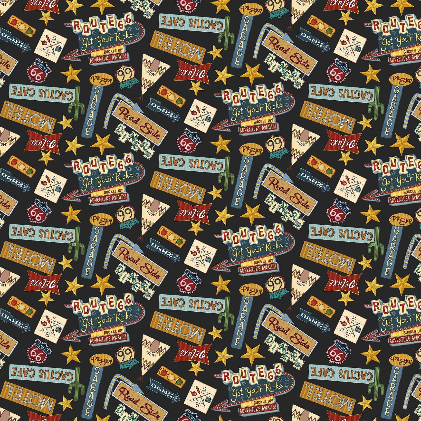 Adventure Awaits Quilt Fabric - Tossed Route 66 Icons in Black - 2943-99