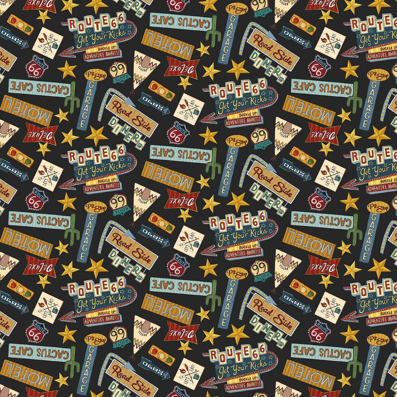 Adventure Awaits Quilt Fabric - Tossed Route 66 Icons in Black - 2943-99