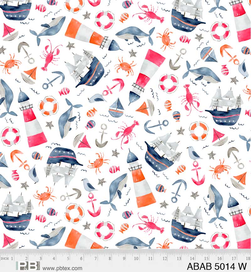 Ahoy Baby Quilt Fabric - Coastal Icon Toss in White/Multi - ABAB 5014 W