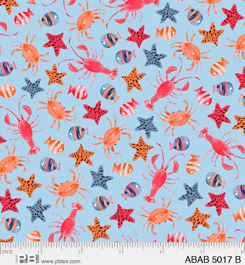 Ahoy Baby Quilt Fabric - Fish and Lobster Toss in Blue - ABAB 5017 B