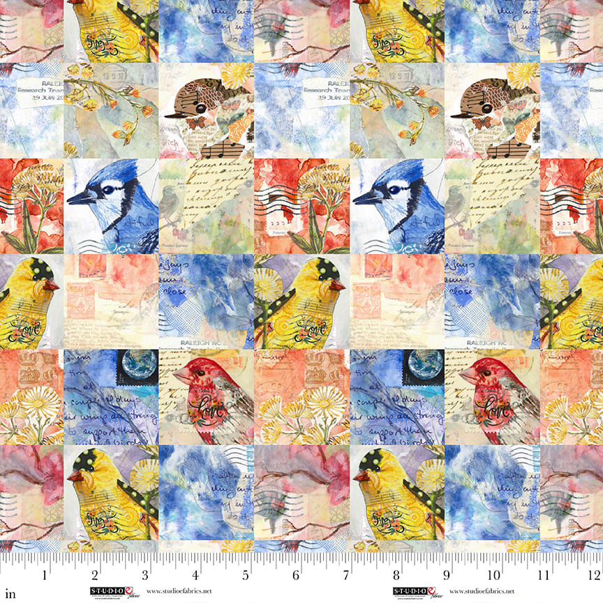Air Mail Quilt Fabric - Birds and Stamps Squares in Multi - 8499-278