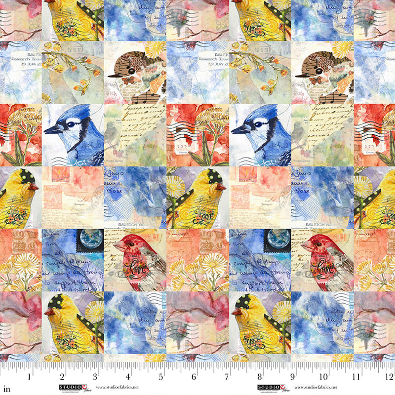 Air Mail Quilt Fabric - Birds and Stamps Squares in Multi - 8499-278