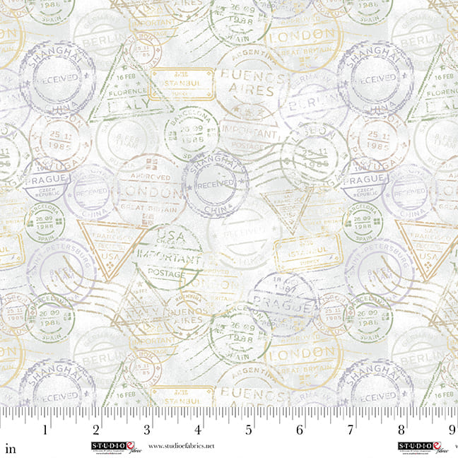 Air Mail Quilt Fabric - Postmarks in Mist Gray - 8501-19