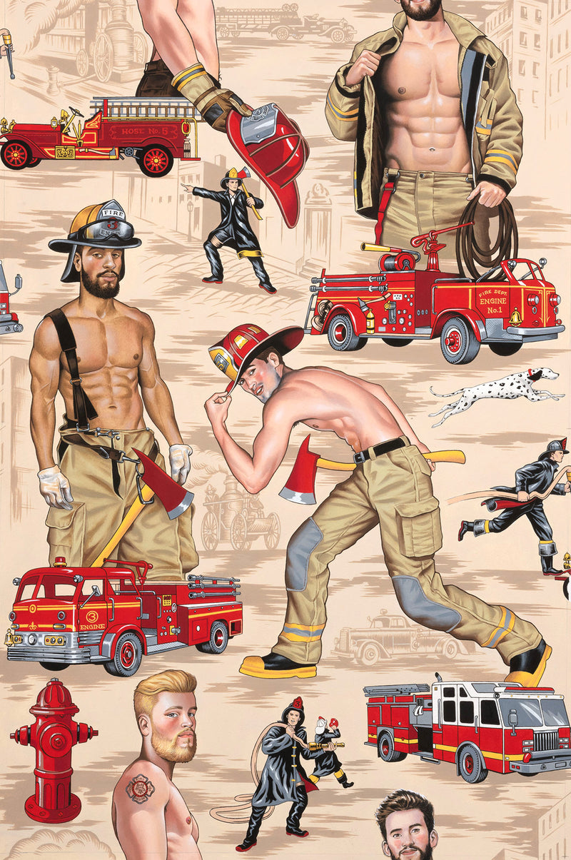 Alexander Henry Novelty Quilt Fabric - Feel the Heat (Firemen) in Light Tea Tan - 9041-AR