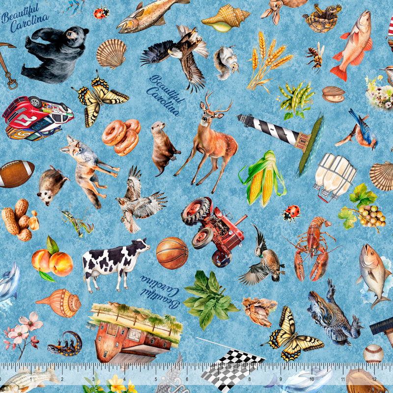 All Carolinas Shop Hop 2025 (ACSH) Quilt Fabric - Carolina Icons in Blue - 2600 31363 B
