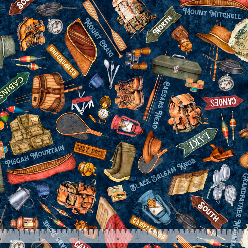 All Carolinas Shop Hop 2025 (ACSH) Quilt Fabric - Carolina Mountain Camping Gear Toss in Navy Blue - 2600 31364 W