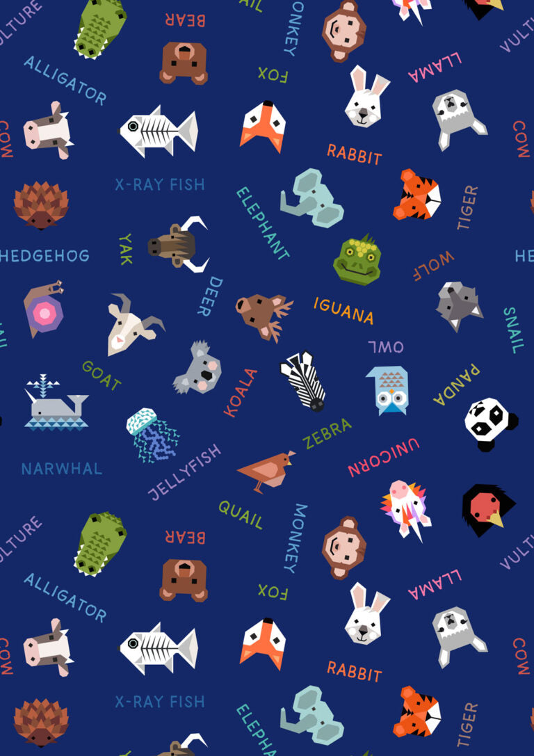 Animal Alphabet Quilt Fabric - Animal Names on Blue - A971C