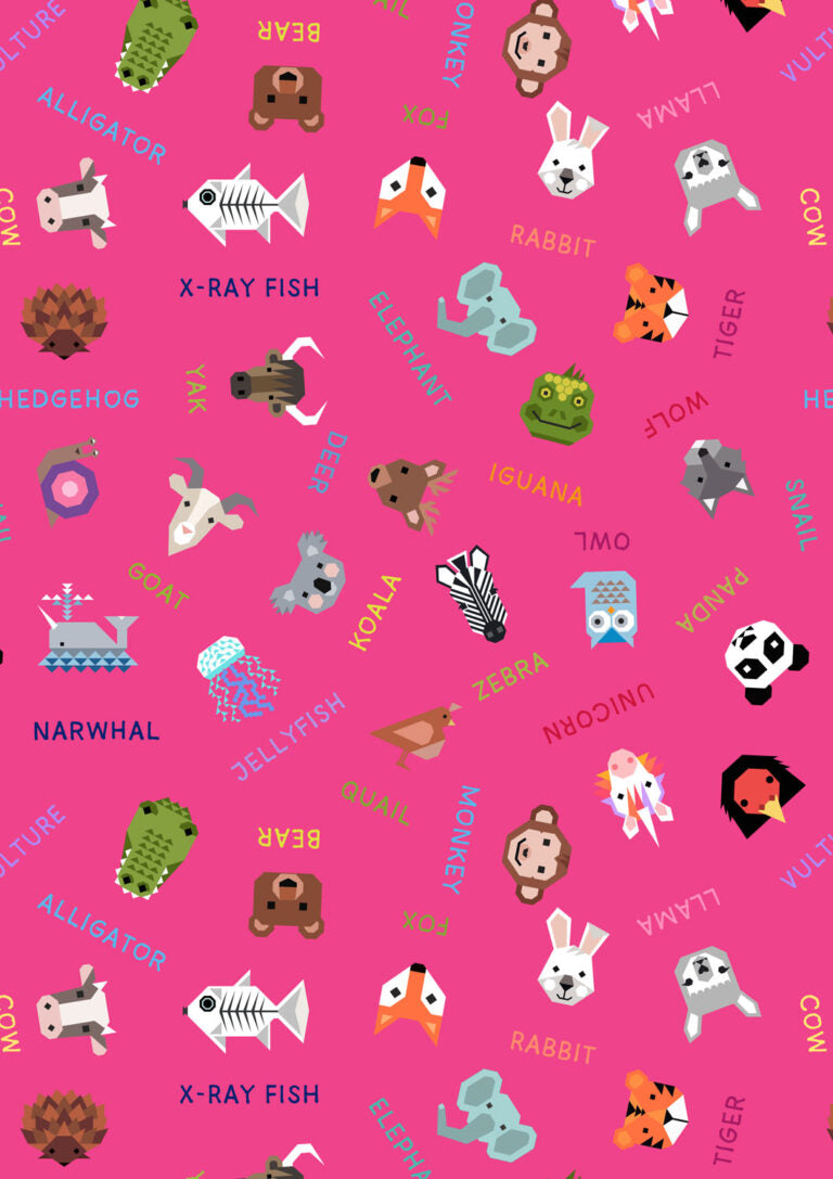 Animal Alphabet Quilt Fabric - Animal Names on Pink - A971B