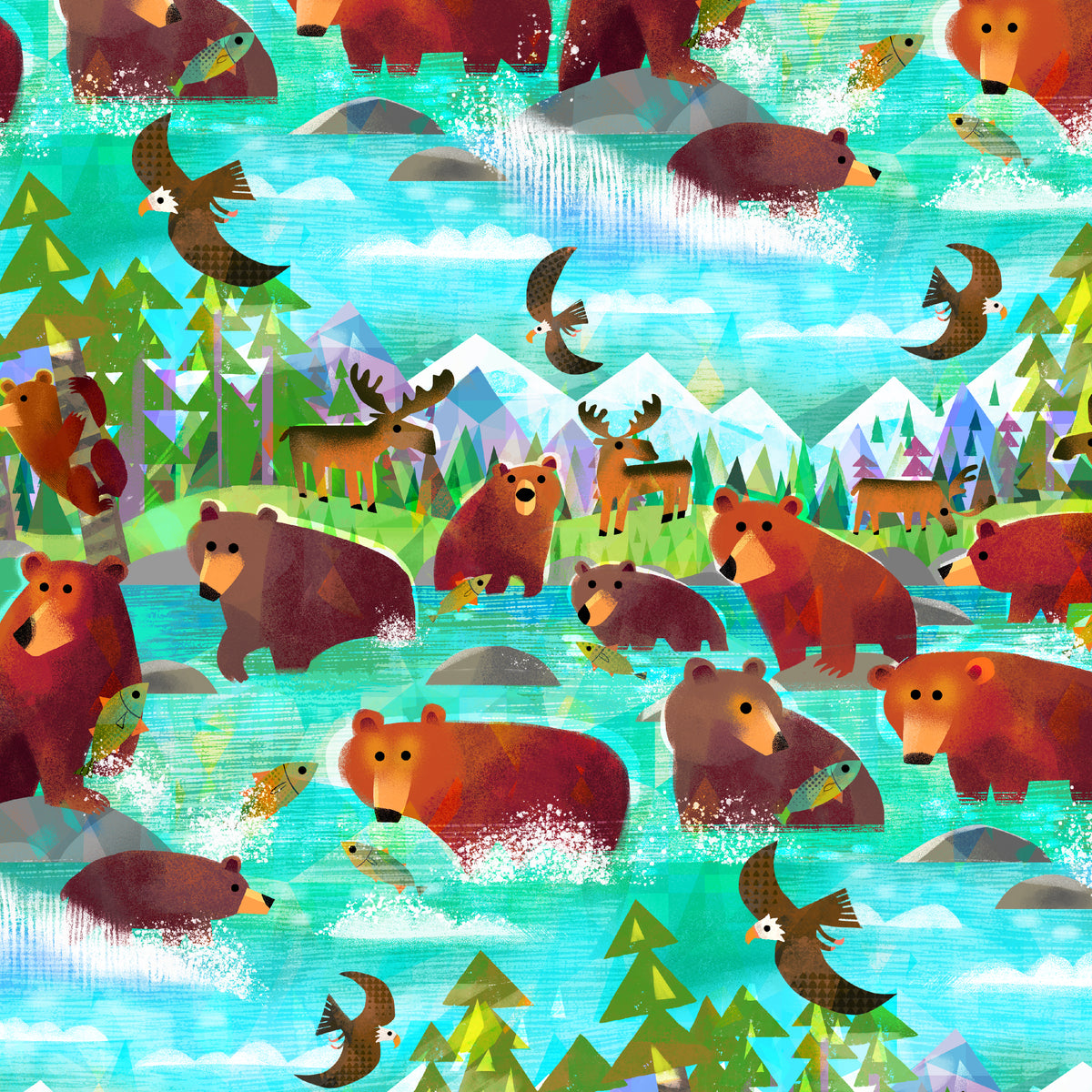 Animal Kingdom Quilt Fabric - Bathing Bears in Turquoise - 55455D-1